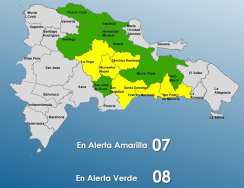 COE eleva a seis las provincias en alerta amarilla y coloca ocho en verde por lluvias y vaguada