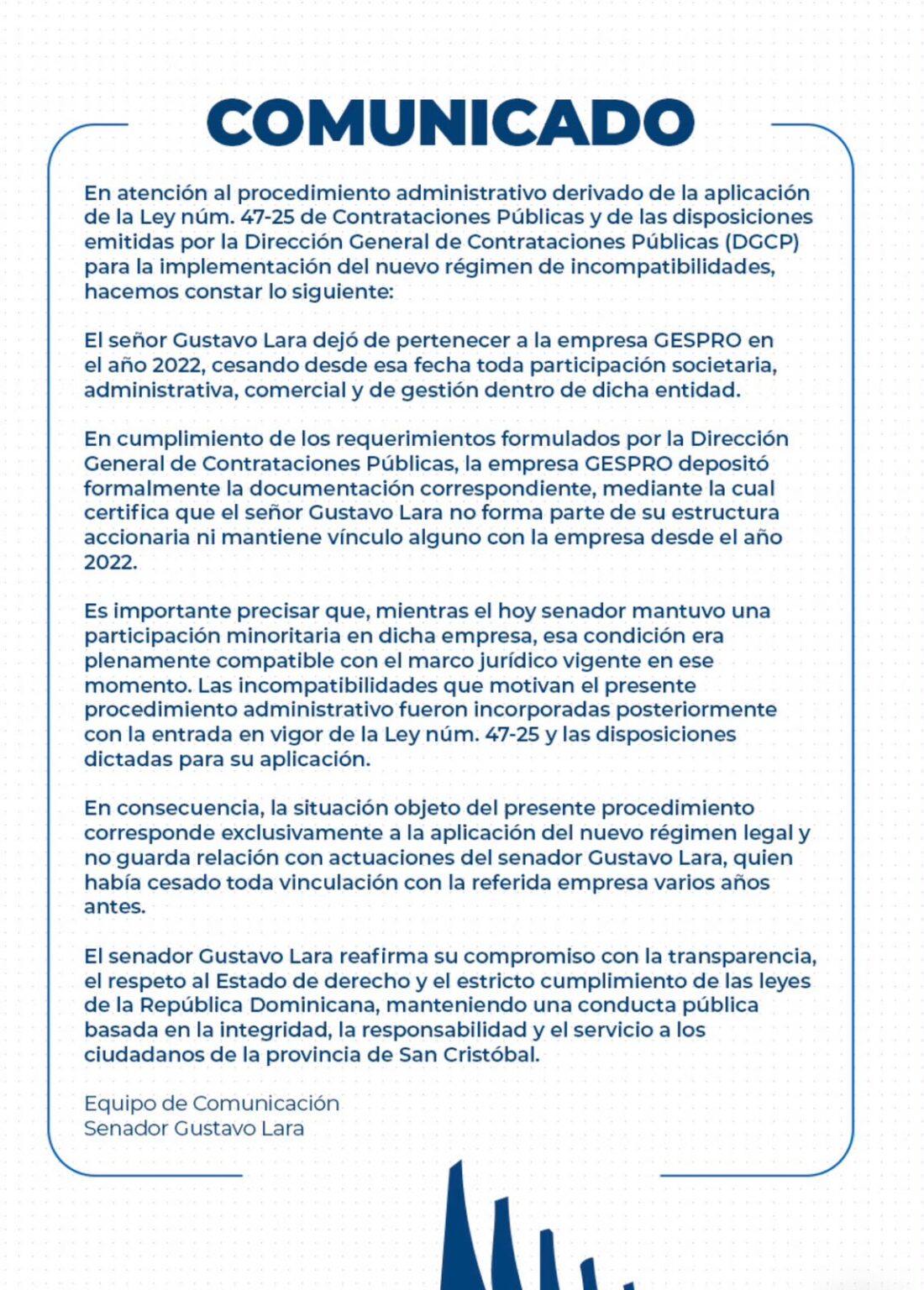 Aclaran senador Gustavo Lara se desvinculó de la empresa GESPRO en 2022 y cumple con el nuevo régimen de incompatibilidades