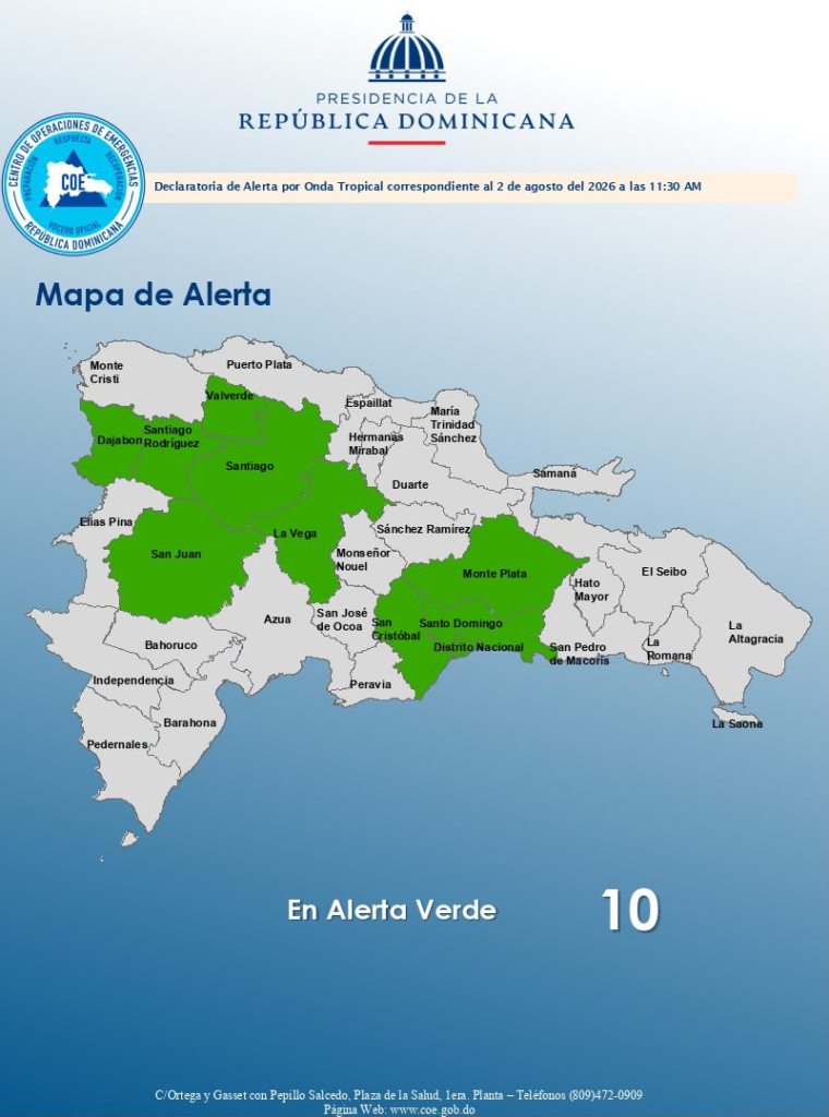 COE extiende alerta verde por posibles inundaciones en 10 provincias y el Distrito Nacional